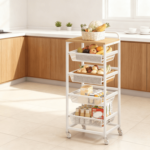 LEDREM 5-Tier Rolling Kitchen Cart with Pull-Out Baskets, Utility Storage Cart with Wheels & Handle, for Snacks, 37.4 x 15.8 x 12.5 Inches, Golden Oak and Matte White