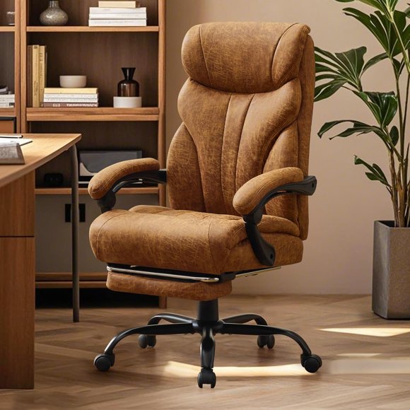 Twister.CK Ergonomic Swivel Computer Executive Chairs with Footrest, Flip-up Armrests PU Leather Padded Office Chairs, 100-135°Recline, with Adjustable Height, 500LBS, Brown