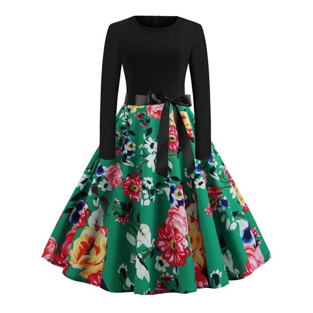 Vestido de Navidad de manga larga para mujer, bata Vintage, Swing Pinup, elegante, estampado informal, negro, invierno, 50S, 60S