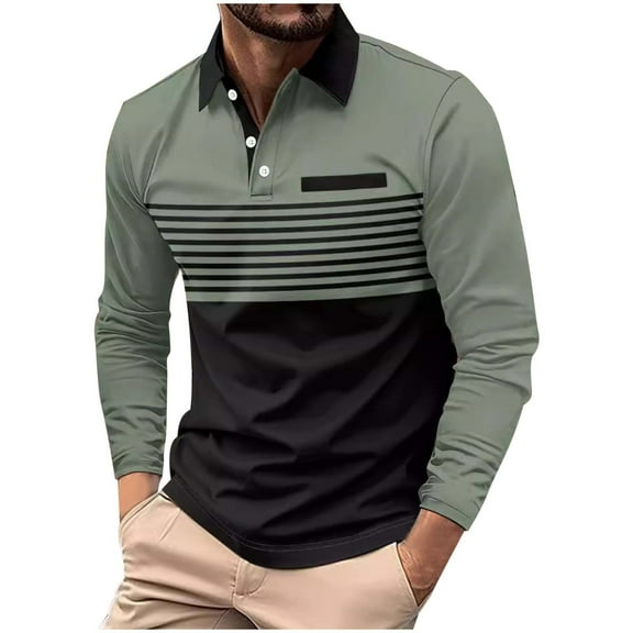 XDZJLR Mens Polo Shirts Striped Long Sleeve Lapel Button Casual Pocket T Shirt Fashion Shirt Pullover Tops