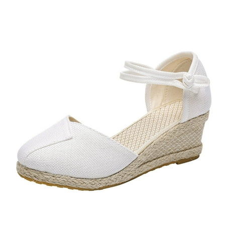

Womens Sandals Fashion Women Summer Weave Comfortable Wedges Shoes Beach Round Toe Breathable Sandals Women S Sandals Cotton Fabric White 40
