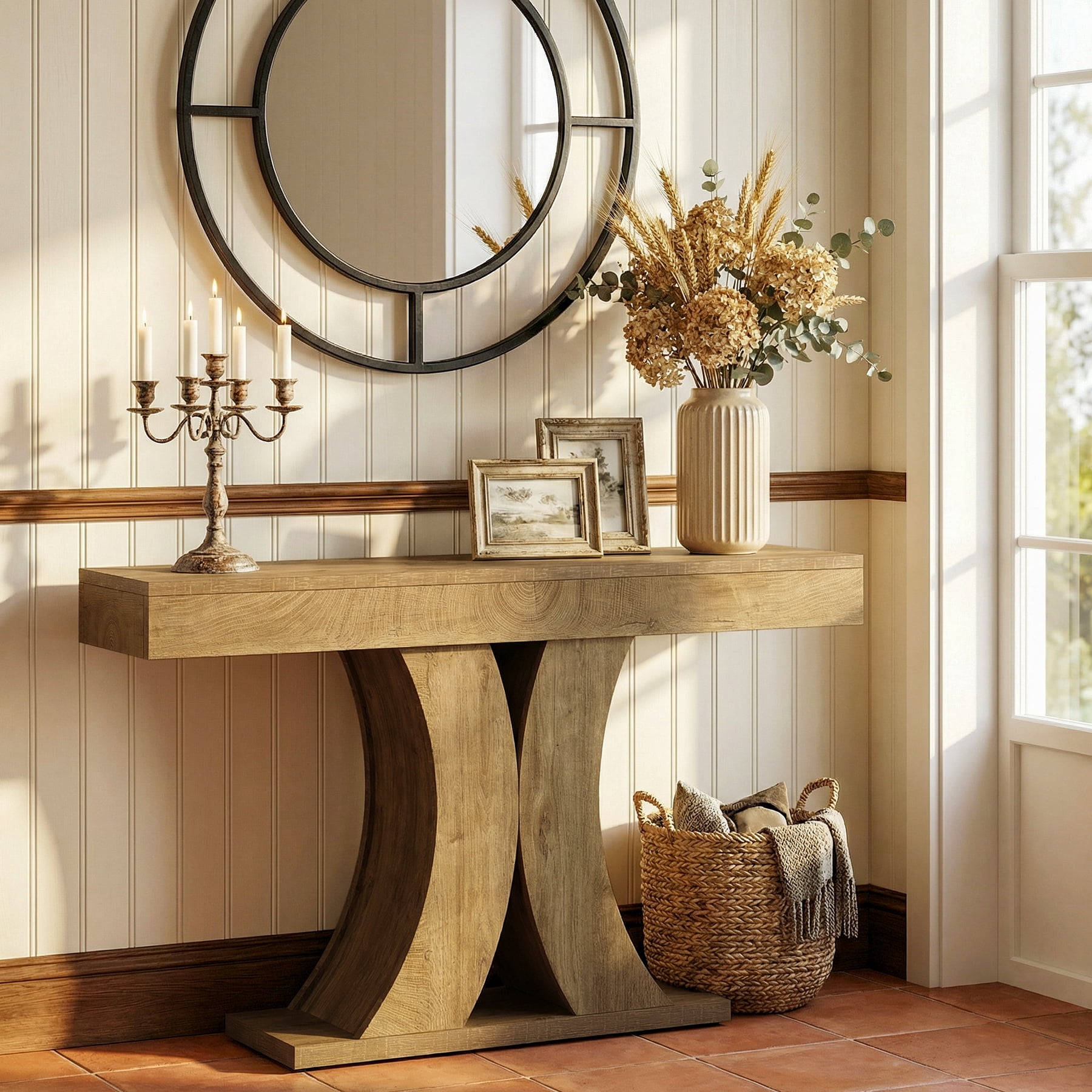 Finmind Wooden Console Table, Farmhouse Narrow Sofa Entryway Table Behind the Couch, 59" Modern Accent Furniture for Living Room, Hallway, Entrance, Foyer, Natural Brown