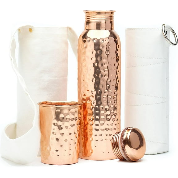 Kitchen Science Copper Water Bottle (34oz/1000ml) w/Copper Tumbler, Carrying Bag & Deco Sleeve | Pure Copper Bottle for Drinking Water | Lab-Tested, Leak-Proof | Authentic Ayurvedic Copper Bottle