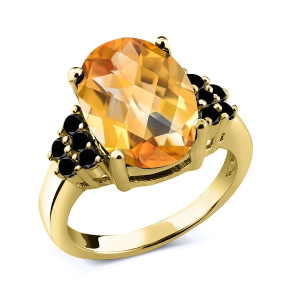 Gem Stone King 6.06 Ct Oval Checkerboard Yellow Citrine Black Diamond 18K Yellow Gold Plated Silver Ring (Size 9)