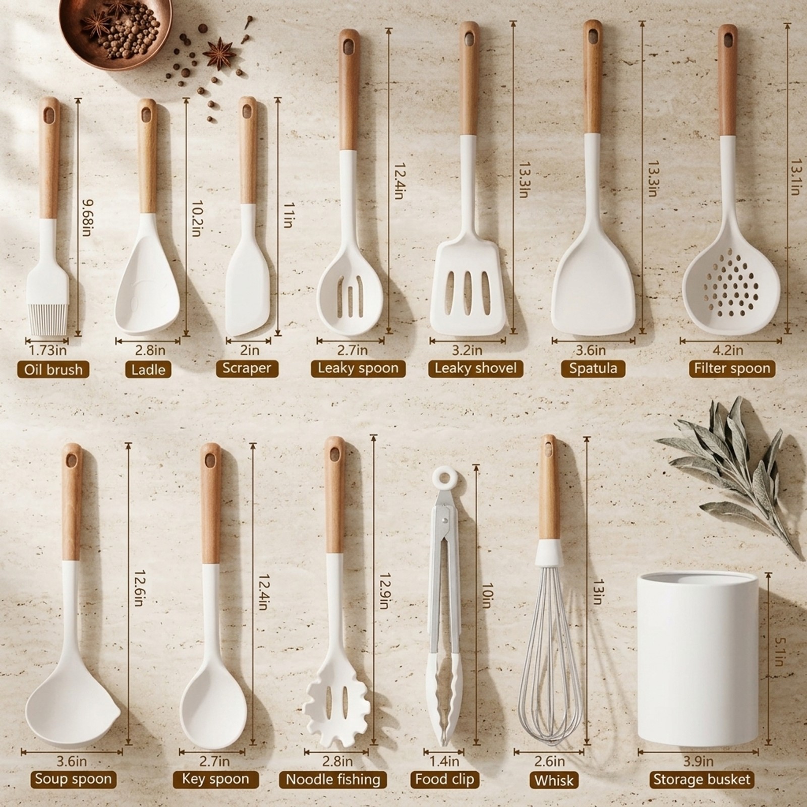 Fenbeli 13-Piece Silicone Kitchen Utensil Set with Wooden Handles, Heat-Resistant Nonstick Cooking Tools, Cream White