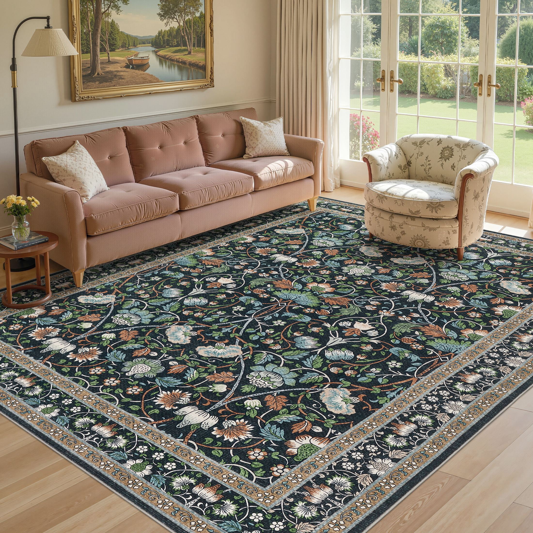 UERMEI 8x10 Large Area Rugs for Living Room, Indoor Washable Rug, Floral Area Rugs for Bedroom Home Office Decor Dining Room Carpets, Non Slip Low Pile - Black/Green/Brown