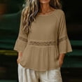thumbnail image 4 of thefmos Women Summer Round Neck 3/4 Sleeve Lace Trim Flowy Boho Casual Pullover Tops Dressy Casual Loose Blouses Fall Shirts Clothes, Coffee L, 4 of 8