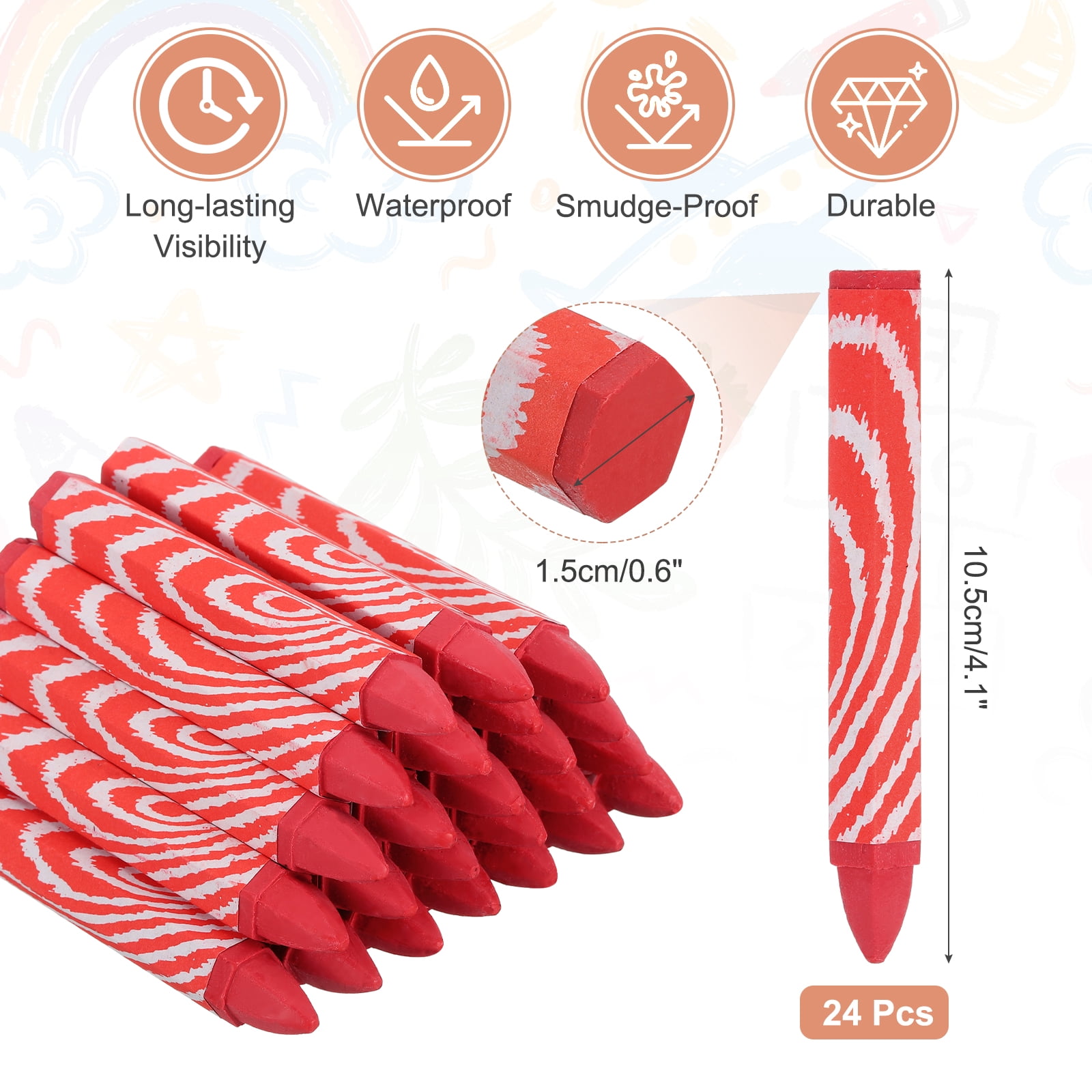 24Pcs Lumber Marking Crayons, 4.1" x 0.6" Hex Wax Tire Marker Pen Drawing Crayons for Wood Metal(Red)