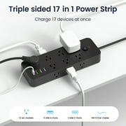 Power Strip Surge Protector, Meromore Flat Plug Extension Cord 10FT with 13 Outlets 4 USB Charger, 1875J Protection Multiple Outlets Charging Station for Home, Office, College Dorm Room
