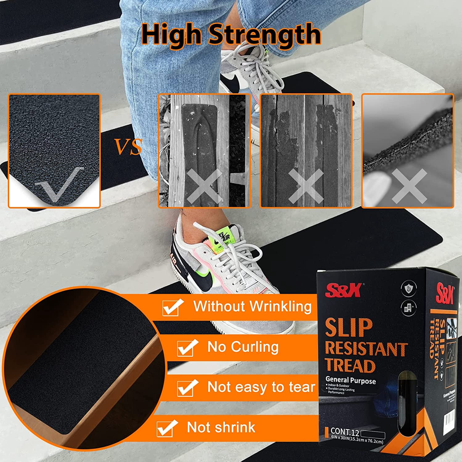 Stair Treads Non-Slip Outdoor Grip Tape, 12-Pack, 6” x 30” Pre-Cut Anti Slip Tape, Black
