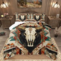 Homewish Bull Skull Full Size Comforter Sets 3-Piece for Female Men Adults,Bohemian Tribal Aztec Bedding Comforter Set,Western Theme Lightweight Bedding Sets,Ultra Soft Home Decor,Reversible