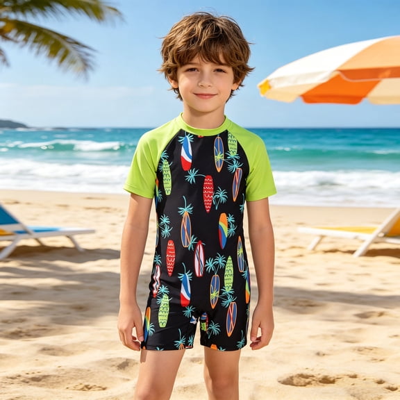EliteGoogv Toddlers Boys One Piece Swimsuit Short Sleeve Graphic Bathing Suit Stretchy Lightweight Swimsuit Pool Summer Bathing Suit,2-3Y,Black