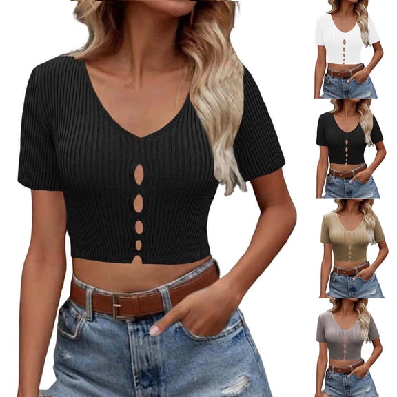 Asxite Women Summer Tops V Neck Short Sleeve Solid Breathable Casual Shirts