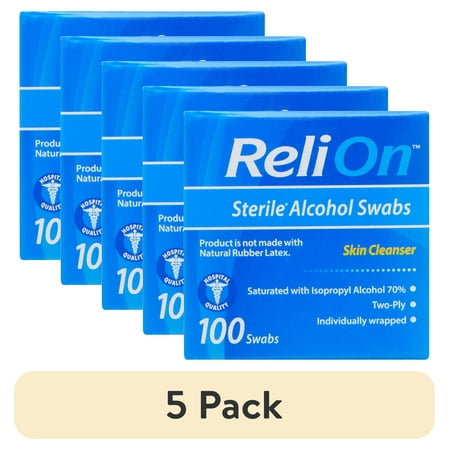 (5 pack) ReliOn Sterile Alcohol Swabs, 100 Count for First Aid Supplies