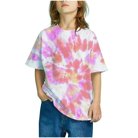 

2023 Summer Savings Clearance! TUOBARR Tops for Girls Girls Boys Fashion Short Sleeve Gradient Print Tops Child Crewneck Summer Casual Loose Tshirt Pink