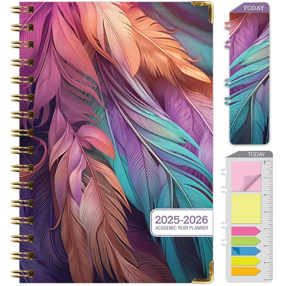Academic Planner 2025-2026, Daily Weekly Monthly Yearly Planner, June 2025 - July 2026, 14 months, 5.5"x8", Hardcover, Bookmark, Pocket Folder and Sticky Note Set (Pastel Peacock)
