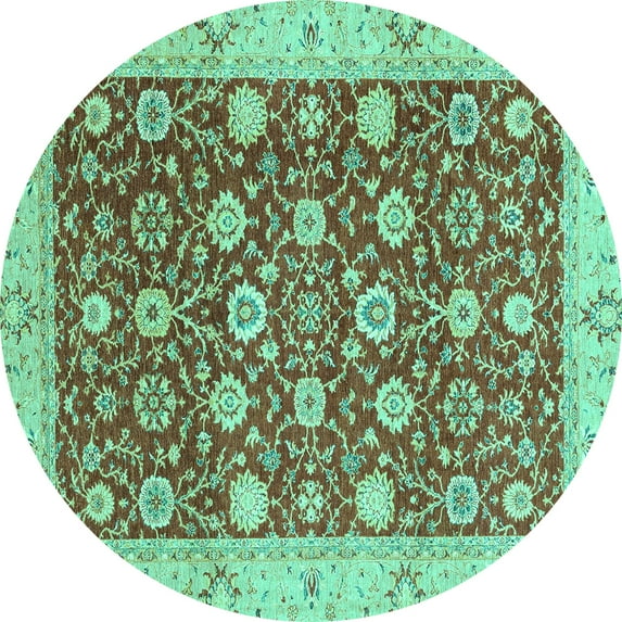 Ahgly Company Machine Washable Indoor Round Oriental Turquoise Blue Traditional Area Rugs, 6' Round