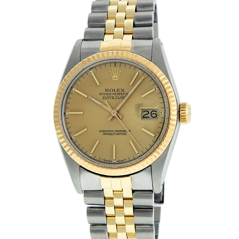 Rolex - Pre-Owned Rolex Mens Datejust Steel & 18K Yellow Gold Champange Index Watch 16013