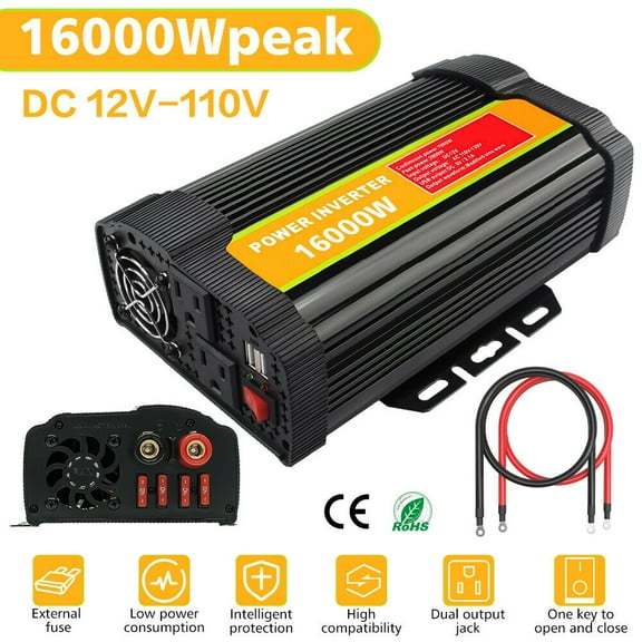 16000W Peak Power Inverter, DC 12V to AC 110V Car Inverter Transformer, Car Adapter with LED display, USB Port Battery Clips, Car Cigarette Lighter Socket for Car Truck Solar Power