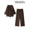 thumbnail image 5 of TRAFZA, conjunto de camisa de lino de Color sólido a la moda de verano para mujer, cárdigan con cinturón, Top tipo kimono + pantalones plisados de cintura alta para mujer, 2 piezas, 5 of 5