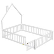 PAPROOS Full Size Floor Bed for Kids, Wood Toddler Floor Bed with Fence and Door, Full Floor Platform Bed with House-Shaped Headboard, White