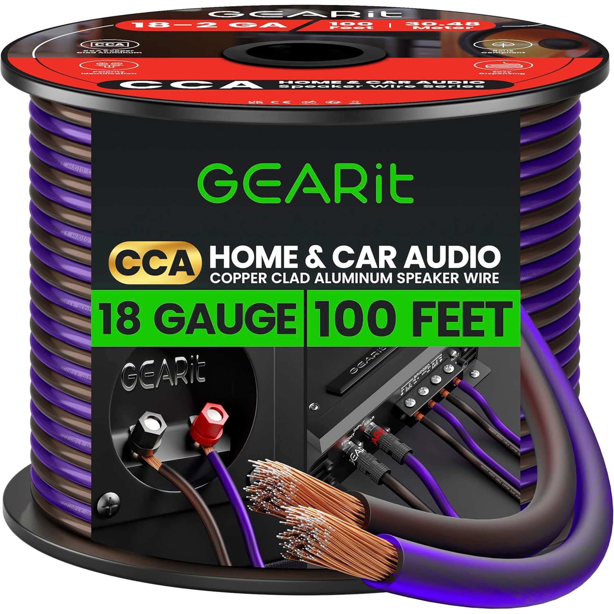 GEARit Pro Series 18AWG Speaker Wire, 18 Gauge Speaker Wire Cable (100 Feet / 30 Meters) Great Use for Home Theater Speakers and Car Speakers, Transparent Black/Purple