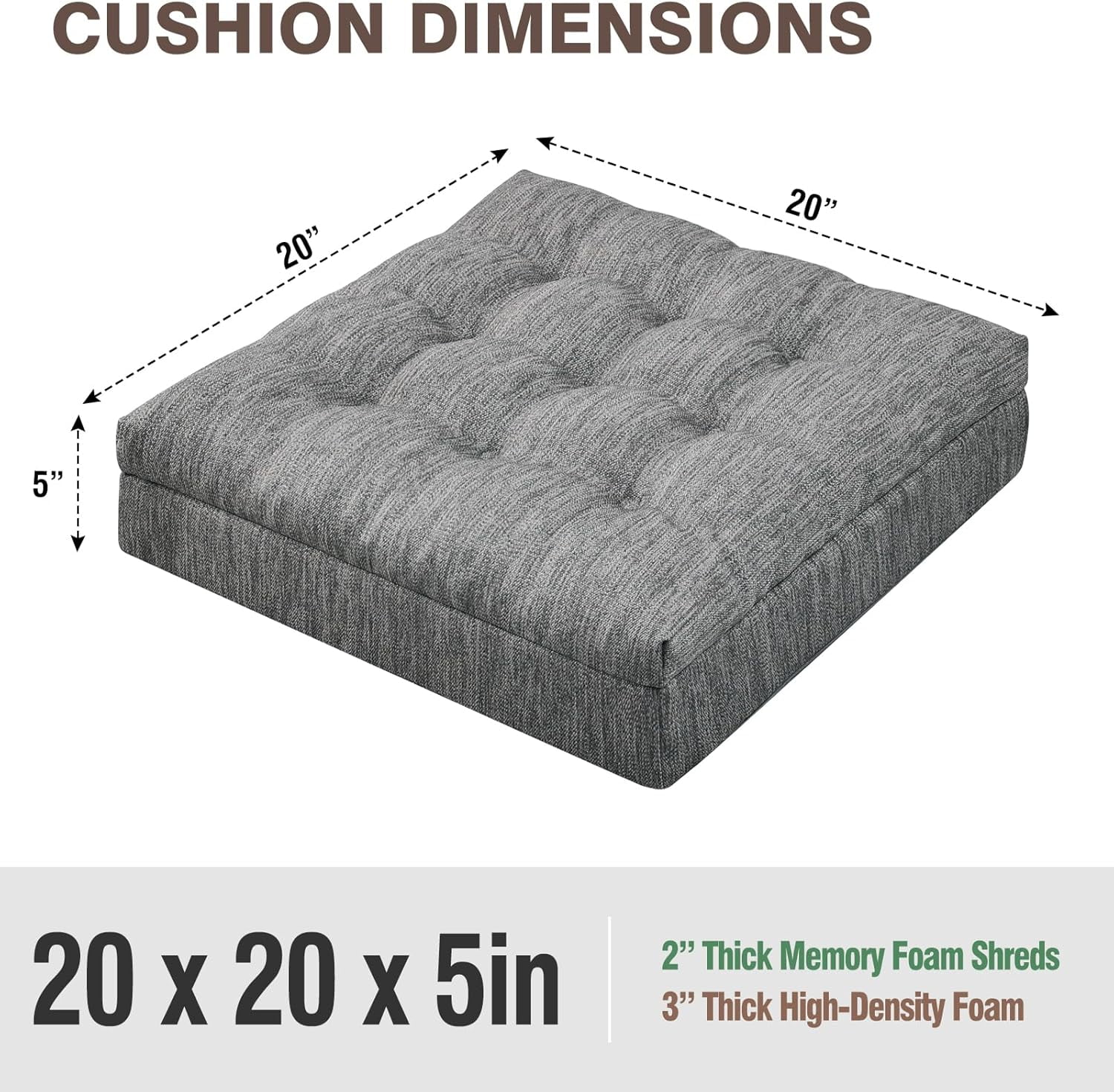 Memory Foam Recliner Cushion for Elderly, Patented Design Extra Large Seat Cushion, Dual-Layer Foam Chair Pad for Couch, Armchair, Wicker Chairs, Floor, 20 × 20 × 5in, Grey