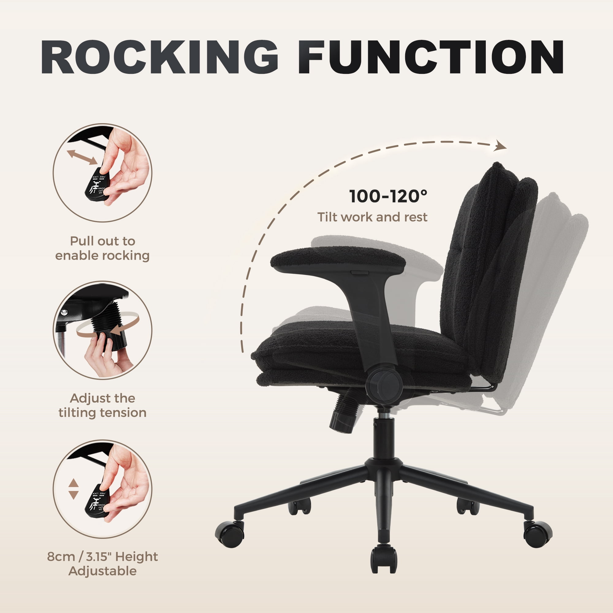 Black Cross Legged Office Chair with Flip-Up Arms and Wheels with Wide Seat, Fabric Ergonomic Adjustable Height Desk Chairs, Swivel Chair for Home Office
