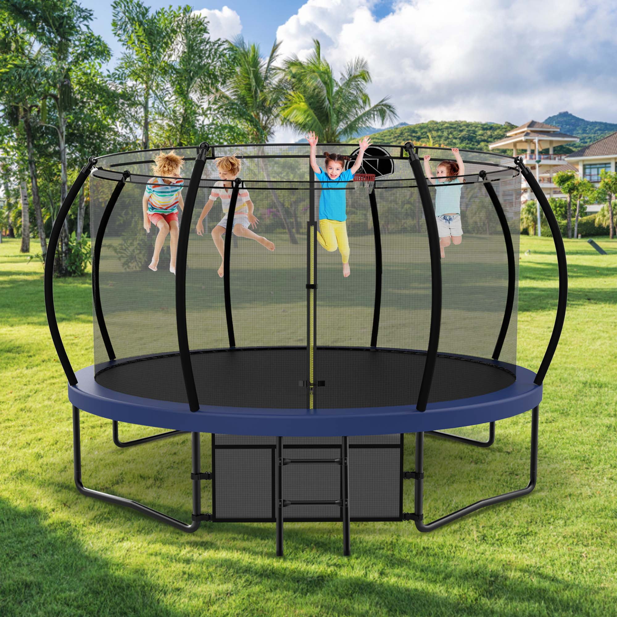 Aukfa Trampoline with Basketball Hoop, Blue, 168.11" x 168.11" x 107.87"