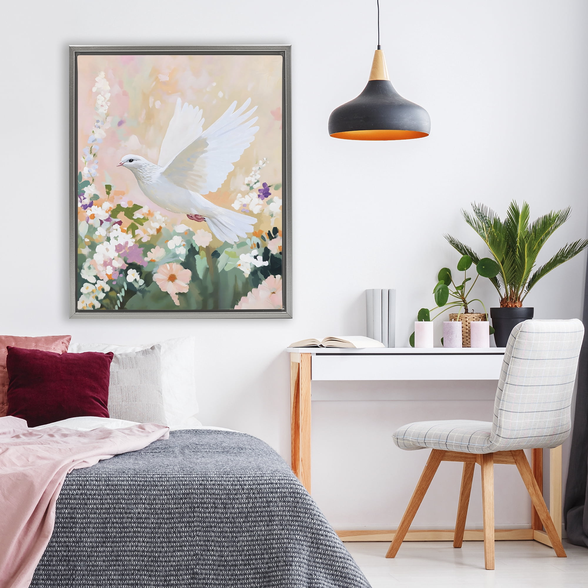 Stupell Industries White Dove Among Spring Blooms Gray Framed Floater Canvas Wall Art, design by The Prints Vibe