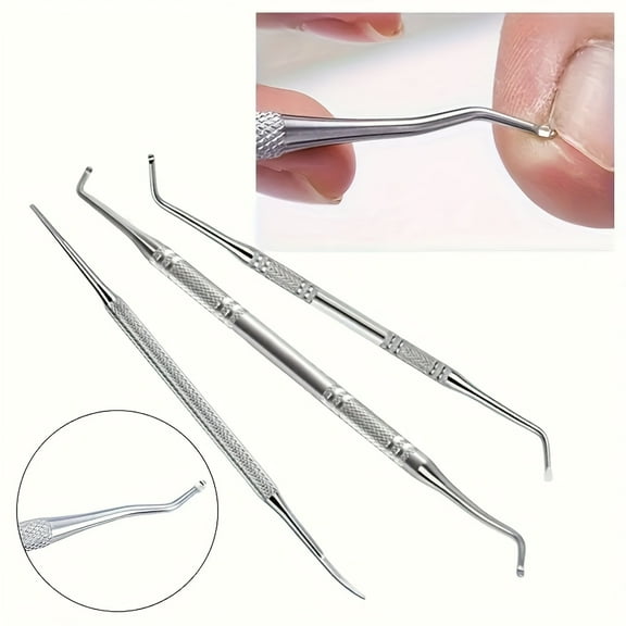3-Piece Stainless Steel Ingrown Toenail Tool Kit – Professional Pedicure Set for Safe Ingrown Nail Removal, Cuticle & Nail Grooming, Ergonomic Handles, Silver
