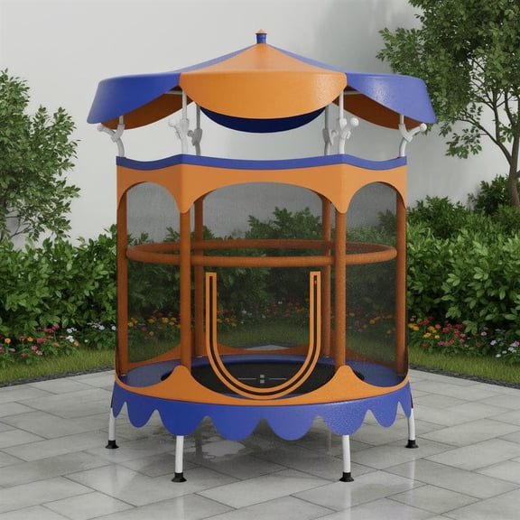 Topcobe 64" Kids Trampoline with Detachable Canopy and Safety Enclosure Net, Recreational Trampolines for Kids, Large Trampoline for Outdoor Backyards-Orange
