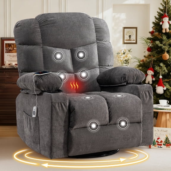 Oversized Recliner Chair with Massage and Lumbar Heating, 360° Swivel Rocking Recliner Chair with USB Charging Port and 2 Cup Holders & Side Pocket for Living Room, Office, Grey