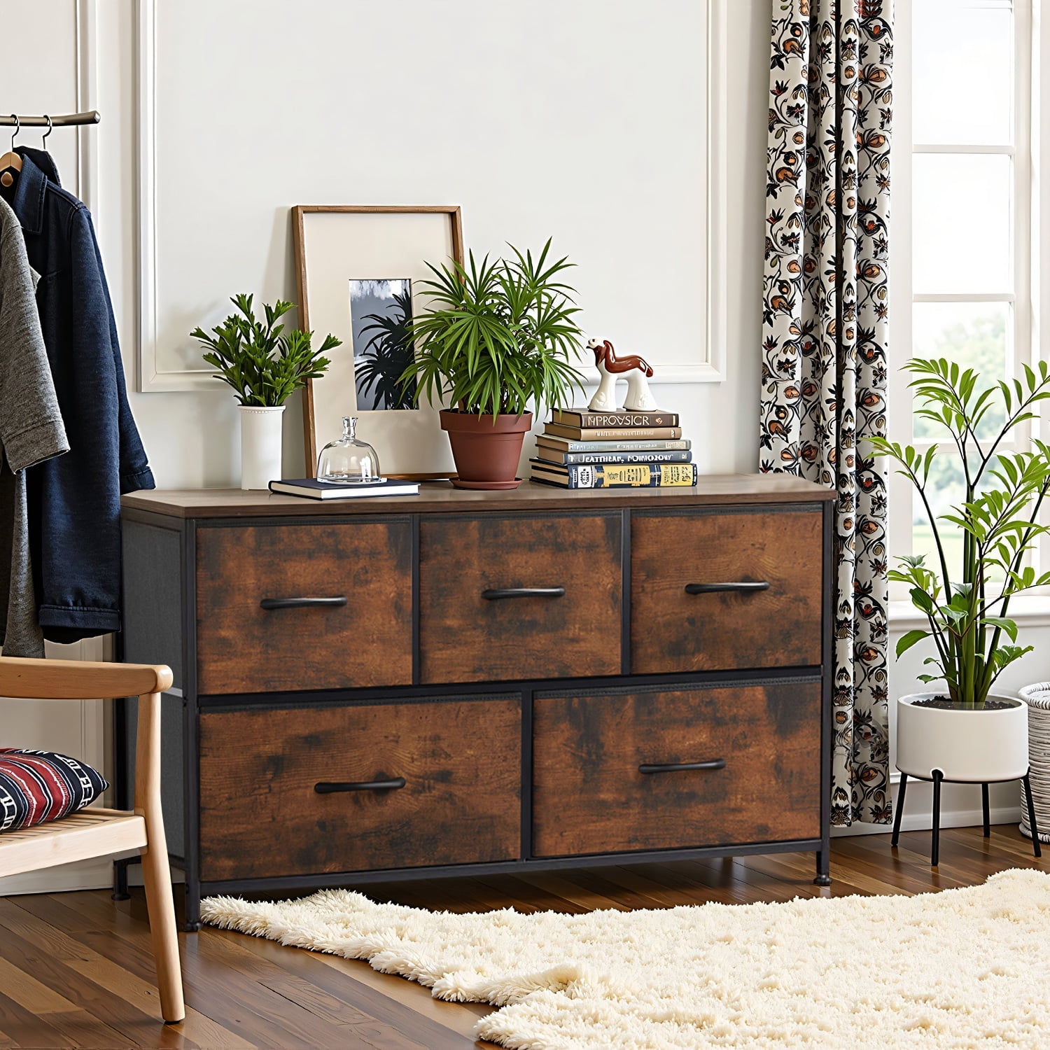 Simenmax 5 Dresser for Bedroom, 5 Storage Drawers, Wide Fabric Closet Chests Organizer Tower Furniture with Wooden Top Metal Frame for Clothes, Room, Living Room, Hallway, Entryway, Brown
