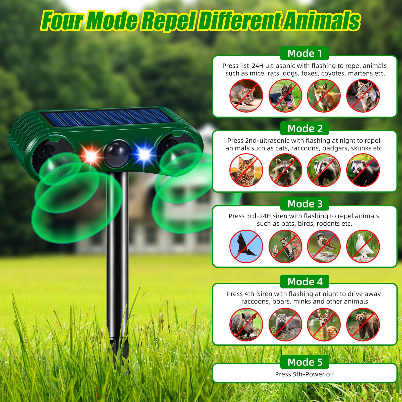 Onemayship Solar Pest Repeller with Motion Sensor: this innovative pest repeller is equipped with a PIR sensor and alternating red/blue flashing lights to repel cats, dogs, deer，protect yards
