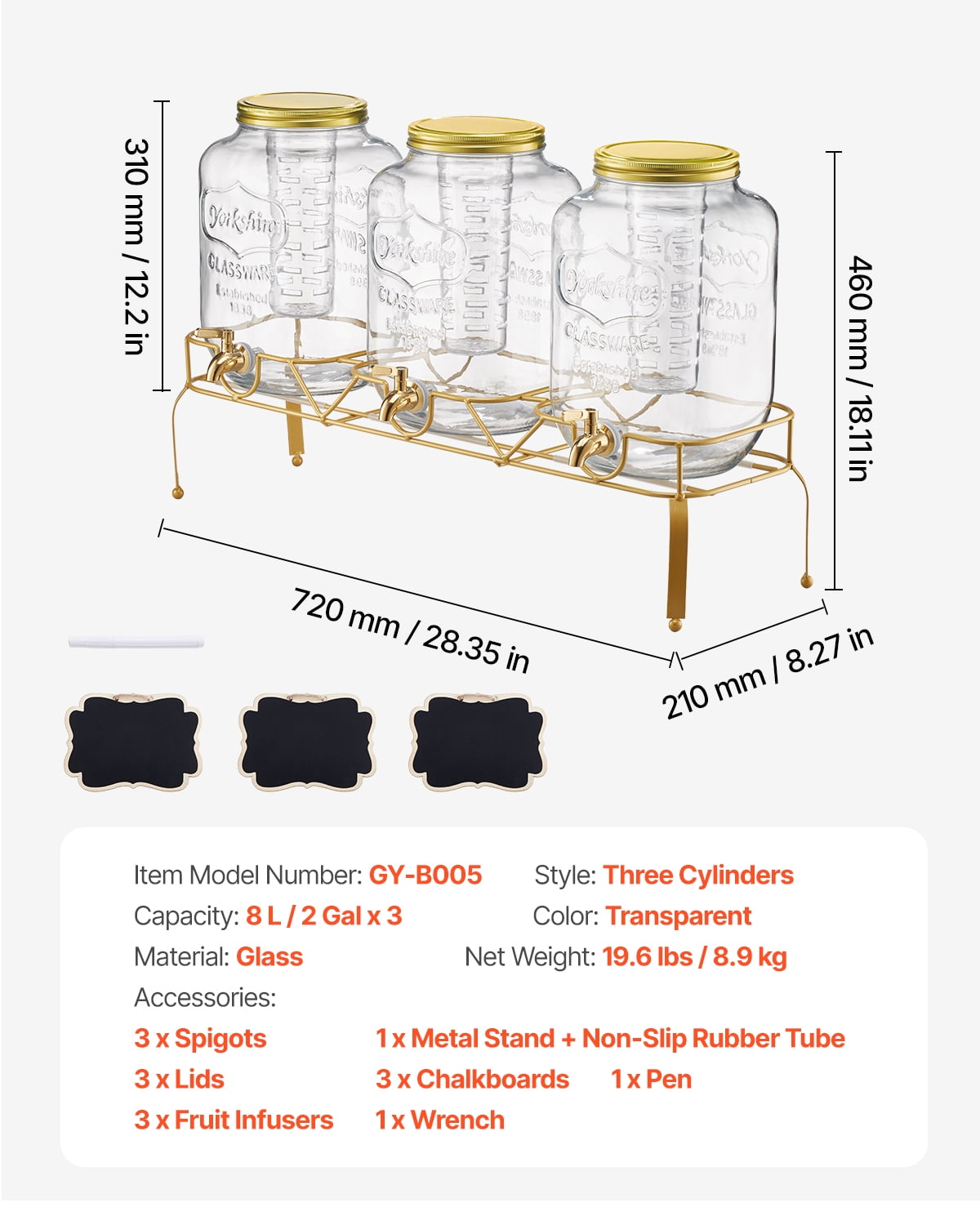 VEVOR Beverage Dispenser, 3 Pack 2 Gallon Drink Dispensers for Parties, Glass Juice Dispenser with Metal Stand, Stainless Steel Spigot, Infuser, Iced Tea Lemonade Juice Water Dispensers for Parties