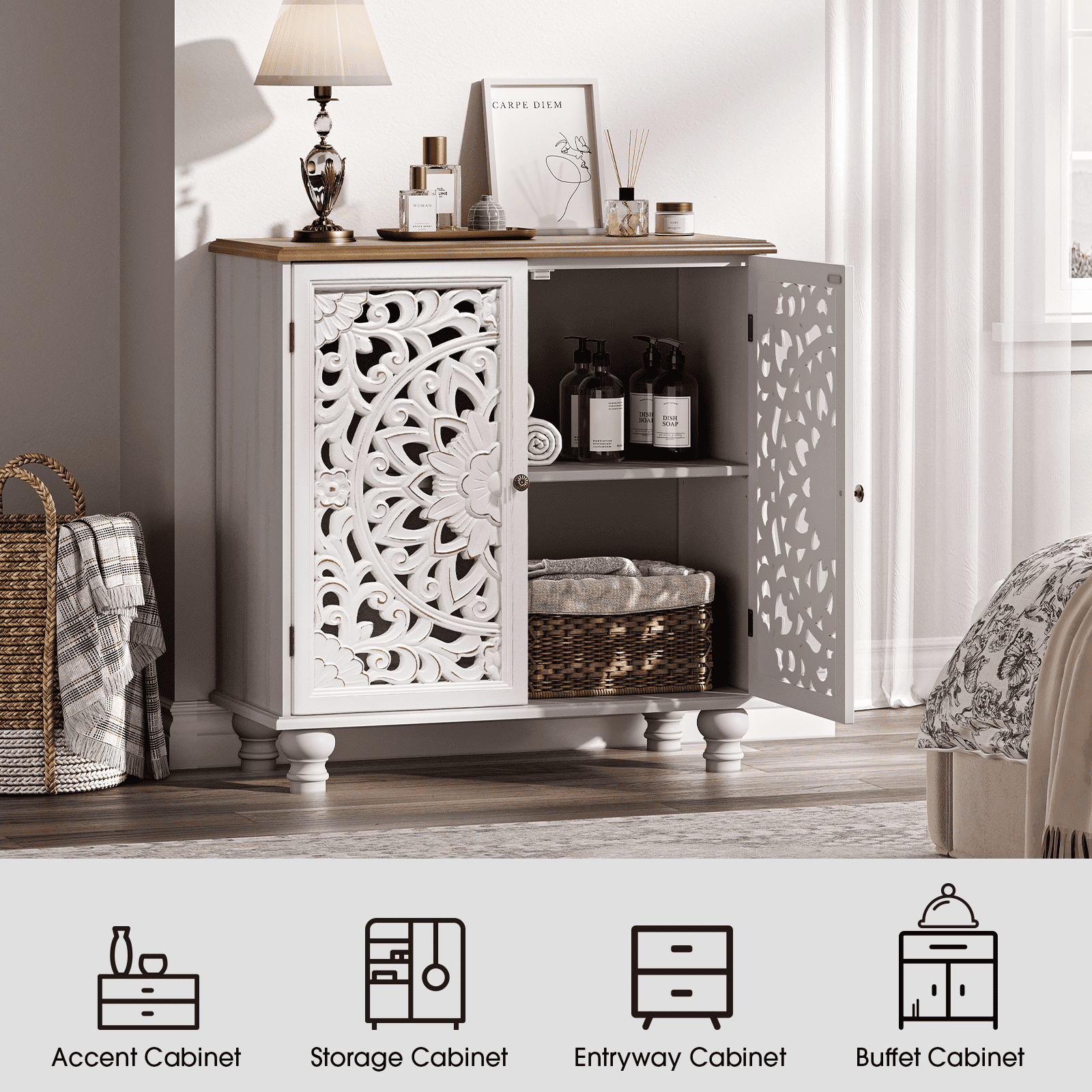 JOINICE Accent Cabinet with Doors,Sideboard Buffet with Adjustable Shelf,Wooden Storage Cabinet for Living Room, Entryway, Dining Room, Bedroom, White