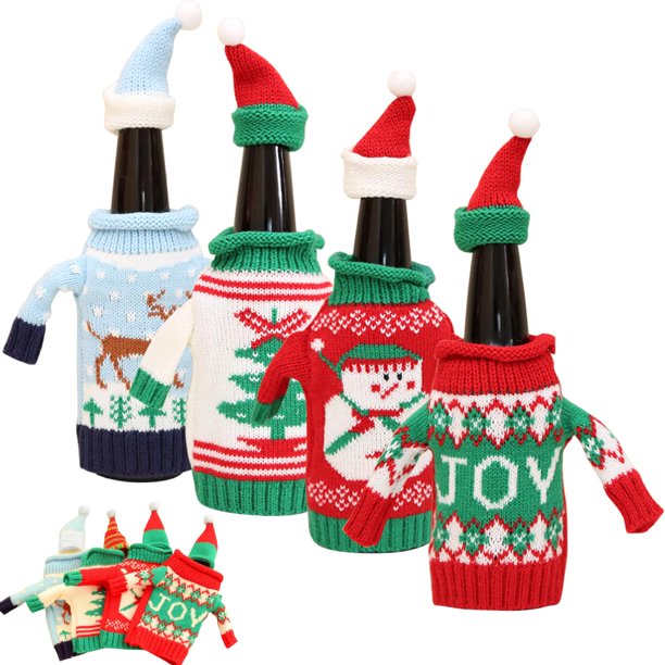 Funda para botella de vino de Navidad, decoración para botella de Navidad, regalos de Navidad, suéter elástico de punto para botella de vino de 4 piezas con sombrero, lindo muñeco de nieve