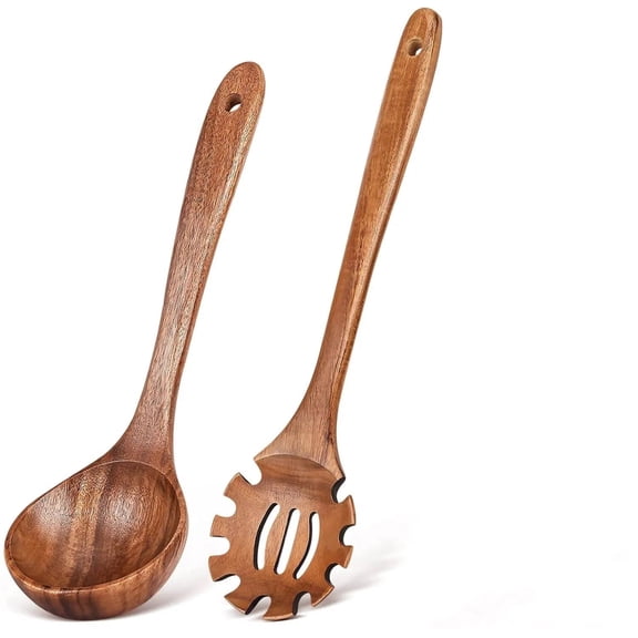 RYLZX 2 Pcs Wooden Spoons for Cooking  of Soup Ladle &Spaghetti Pasta Spoon with Teeth, Teak Wood Soup Ladle Slotted Pasta Fork Strainer Spoon Set for Serving Collecting Noodle Gravy Sauce