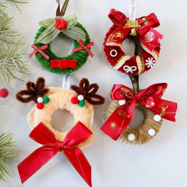 mfyjkho Adornos De Corona Navideña De Tela Tejida Con Lazos Y Diseño De Reno Para Decorar El Árbol De Navidad, Juego De 4