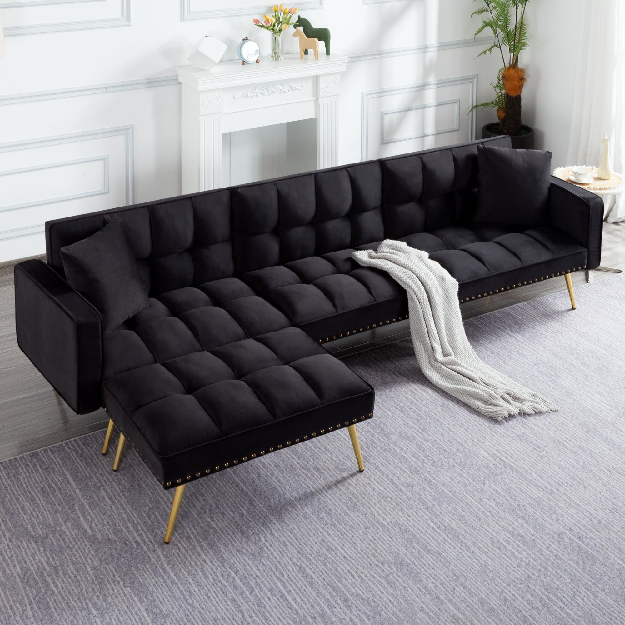 DEALTOPS 107” Convertible Sectional Sleeper Sofa Bed, Velvet L-Shaped Futon with Reversible Ottoman & Gold Legs, Black