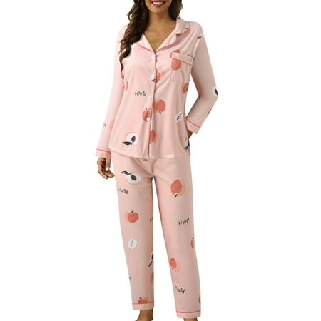 

JDEFEG Maternity Sweatsuit Women Casual Lapel Button Peach Plaid Print Two Piece Long Sleeve Pajamas Pajamas Suit Pajama Set Women Stain Camisole Christmas Floral Polyester Spandex Pink L