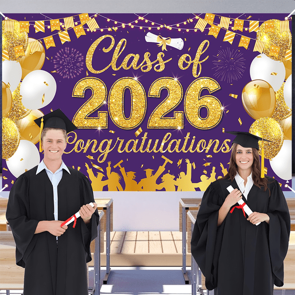 Graduation Party Decorations - Large 71" x 43" Purple Gold Blue "Congrats Grad Class of 2026" Backdrop Banner, Wall Sign & Photo Background Supplies for 2026 Graduation Party