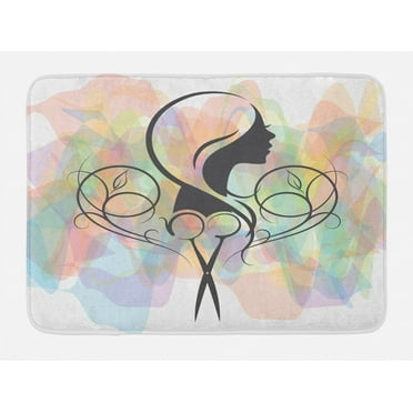 Hair Salon Bath Mat, Hairdresser Concept a Lady Silhouette with Scissor on Pastel Color Backdrop, Plush Bathroom Decor Mat with Non Slip Backing, 29.5" X 17.5", Multicolor, by Ambesonne