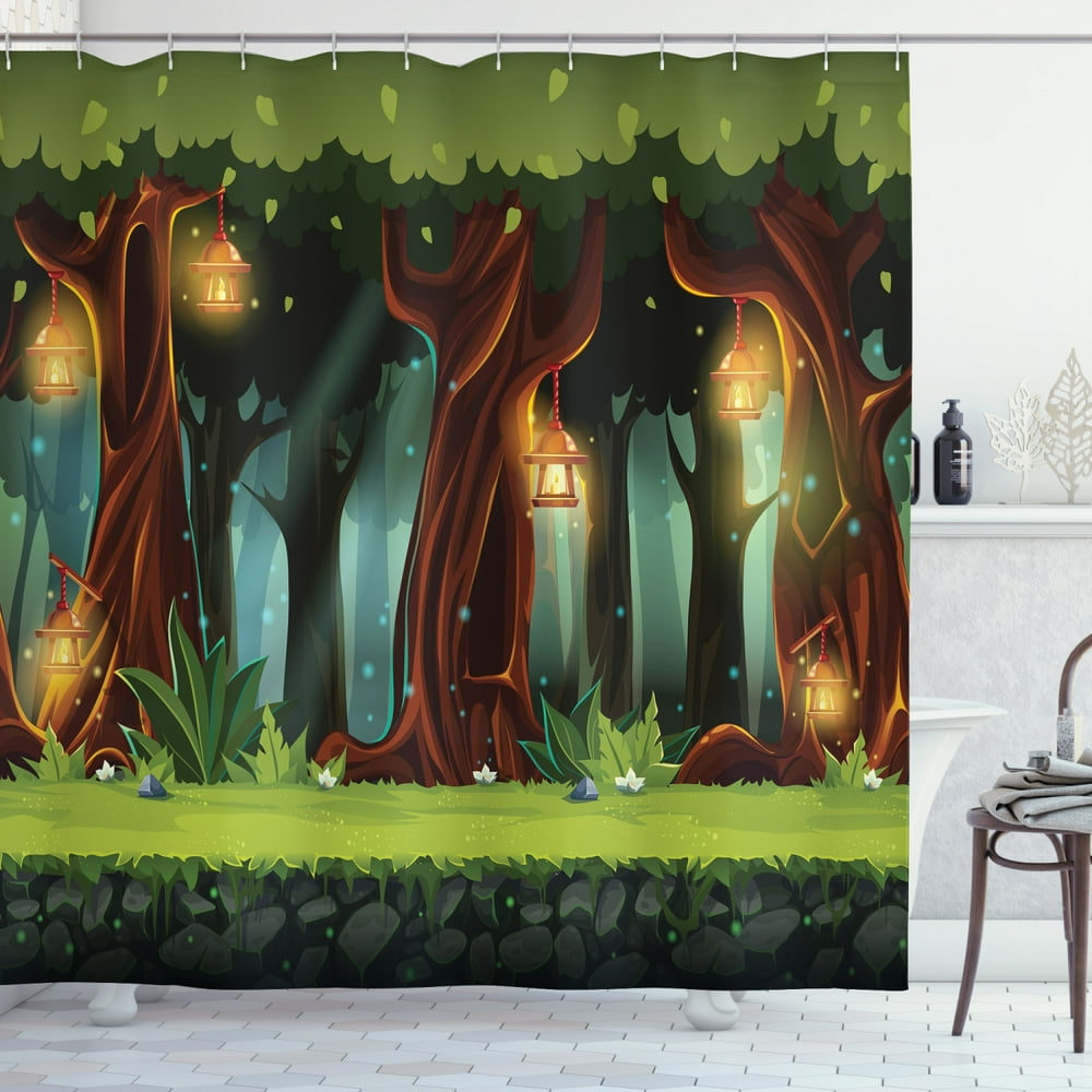 Fairy Tale Shower Curtain, Enchanted Forest with Blossoming Trees