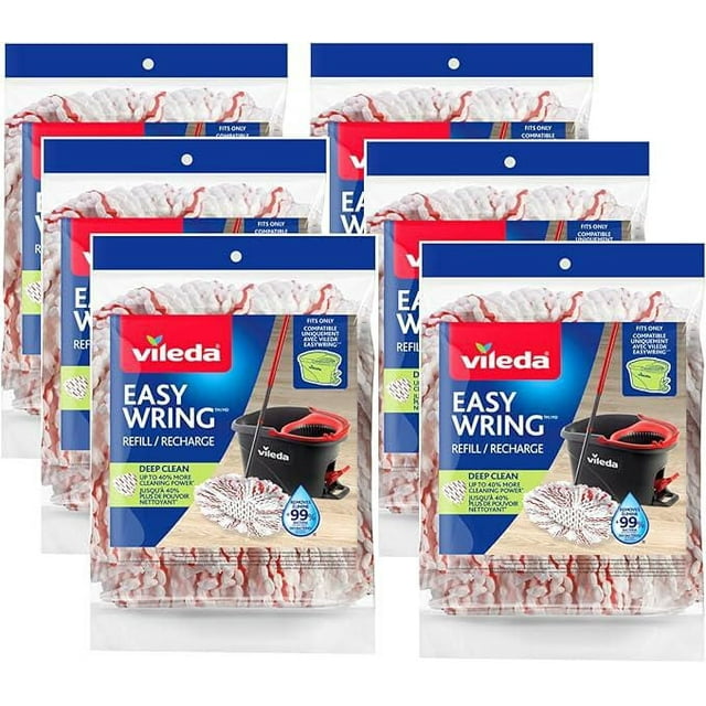 Six-pack of Vileda Easy Wring machine-washable deep clean mop head replacements shown in original packaging with product branding and cleaning power details.