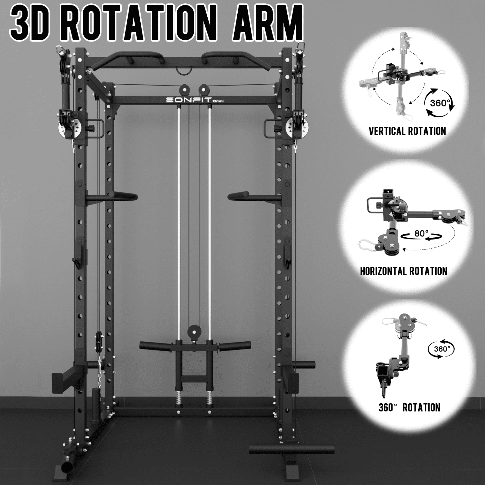 Eonfit E2 Power Cage with 3D Rotation Arms - Multi-Functional Power Rack for Home Gym. 1500lb Squat Rack for Home Gym. Pulley System for Cable Crossover & LAT Pulldown (E2 BLK PRO)