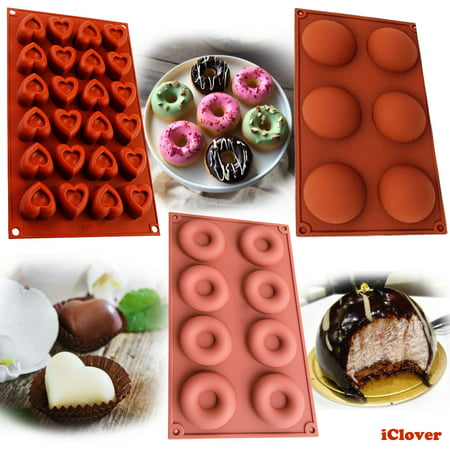 [3in1] Heart-Shape/Donut/Half Circle Silicone Baking Mold,IClover Non-Stick Food Grade Muffin Cups Cake Biscuit Cookie Mold Pan for Making Jello Candy Cheesecake