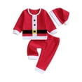 thumbnail image 2 of Toddler Girls Boys Christmas Outfits 6M 12M 18M 24M 3Y 4Y 5Y Belt Buttons Patchwork Long Sleeve Tops Pants Santa Hat 3Pcs Fall Clothes Set, 2 of 10