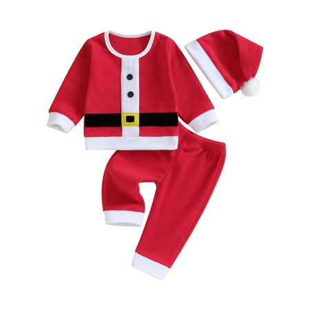 

Eyicmarn Toddler Girls Boys Christmas Outfits Belt Print Buttons Patchwork Long Sleeve Tops Long Pants Santa Hat 3Pcs Fall Clothes Set